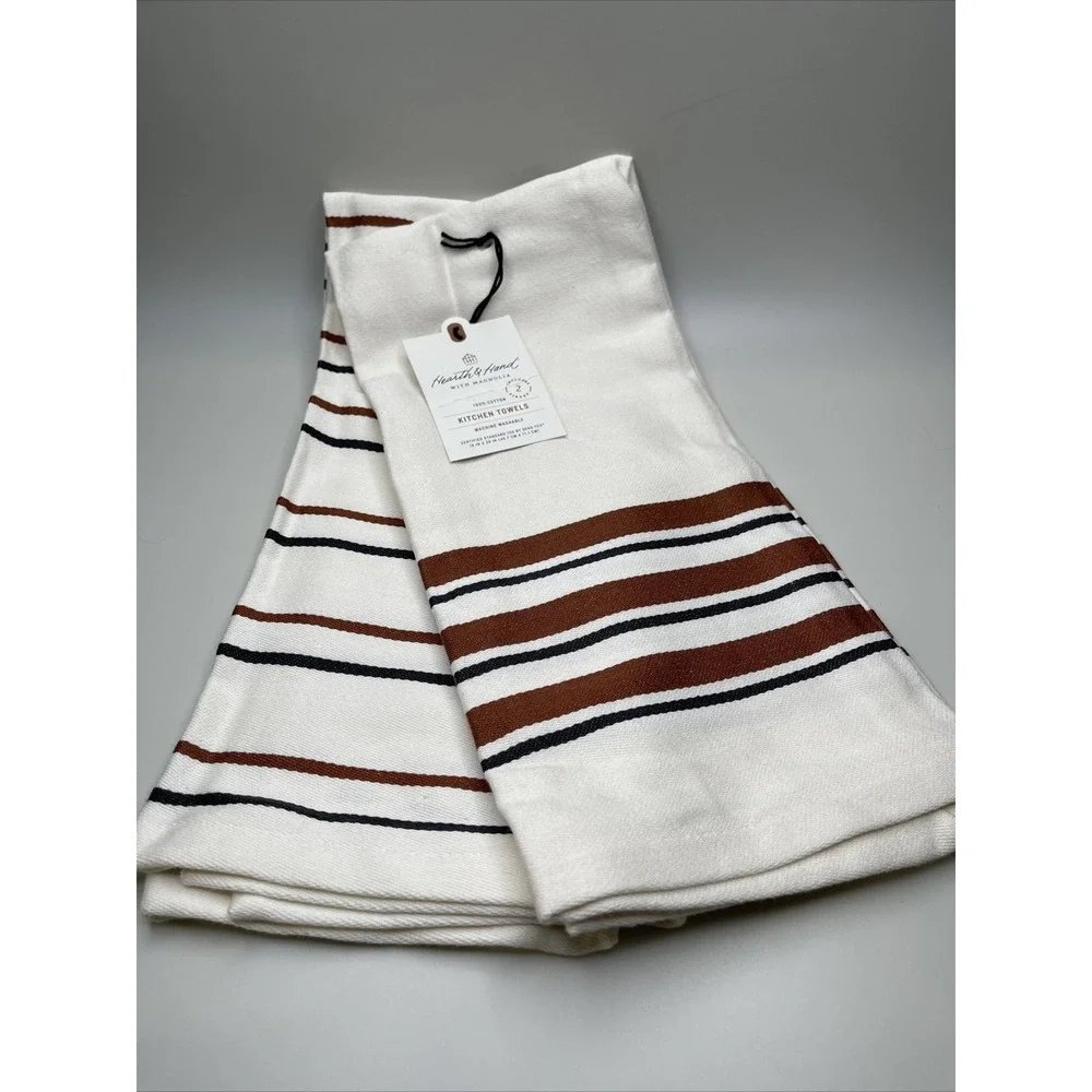 Magnolia Hearth Hand Dishtowel‎ Kitchen Towel Cream Bronze Stripe Set of 2